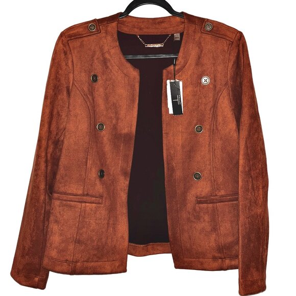 Tahari Vegan Suede Jacket Sz M Tobacco Brown Blazer Epaulettes NWT - Picture 1 of 4